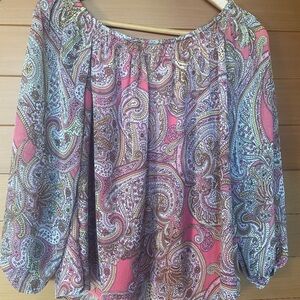 Tommy Hilfiger Pink Paisley Scoop Neck Lined Blouse Sheer Sleeves Colorful Small